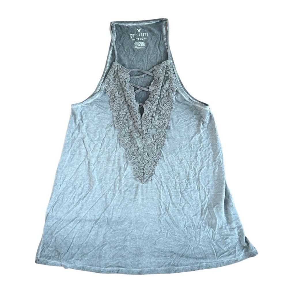 American Eagle Women's Soft & Sexy Gray Lace V-Neck Racerback Tank Top Size XS
